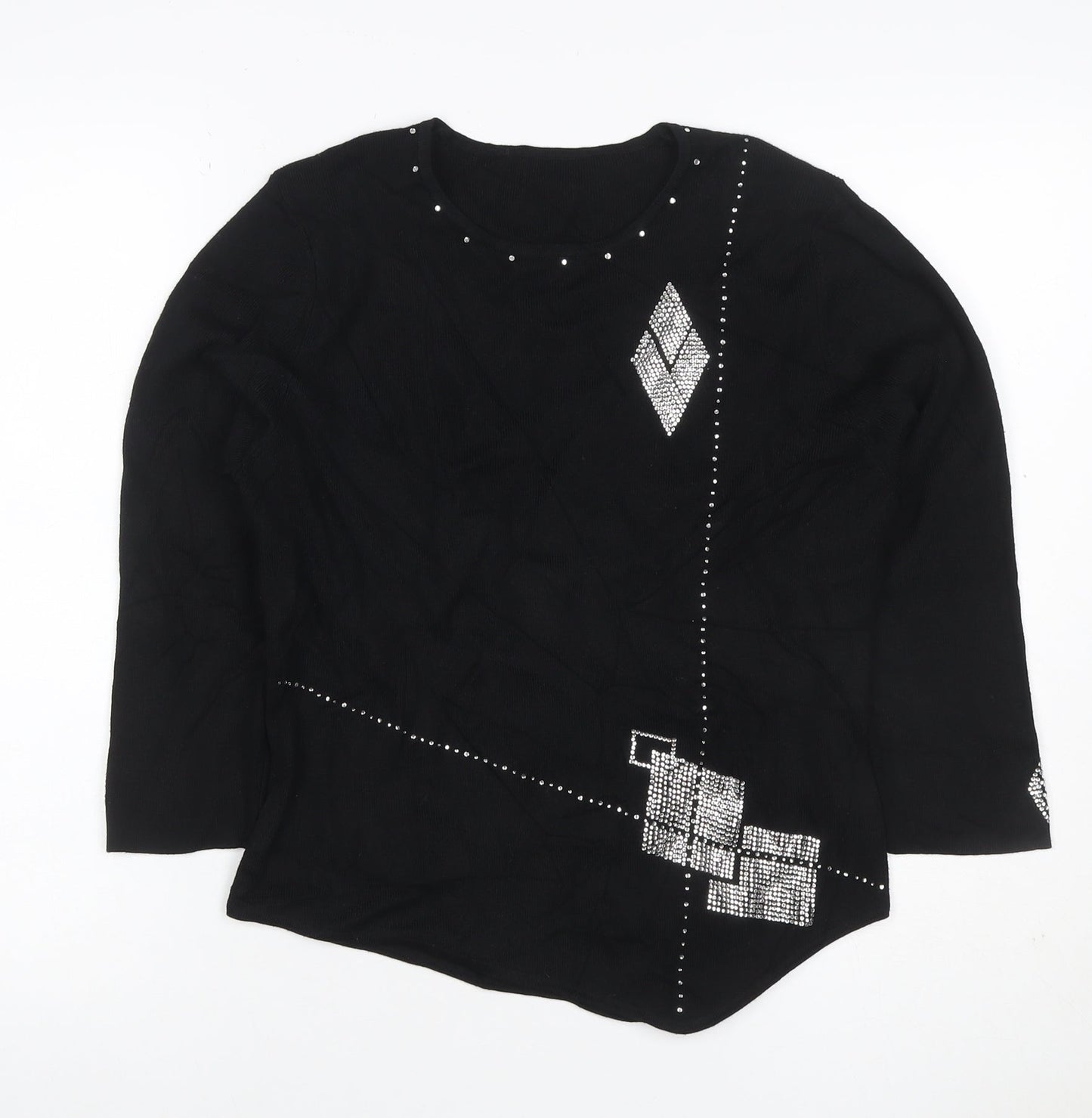 Sopian Women Black S/M Rhinestone Geometric Long Sleeve Pullover Jumper