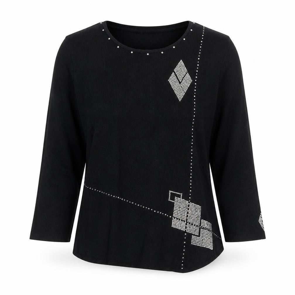 Sopian Women Black S/M Rhinestone Geometric Long Sleeve Pullover Jumper