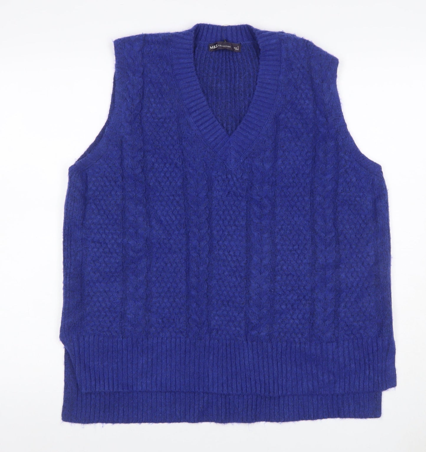 Marks and Spencer Women Blue L Cable Knit V-Neck Sleeveless Jumper Vest