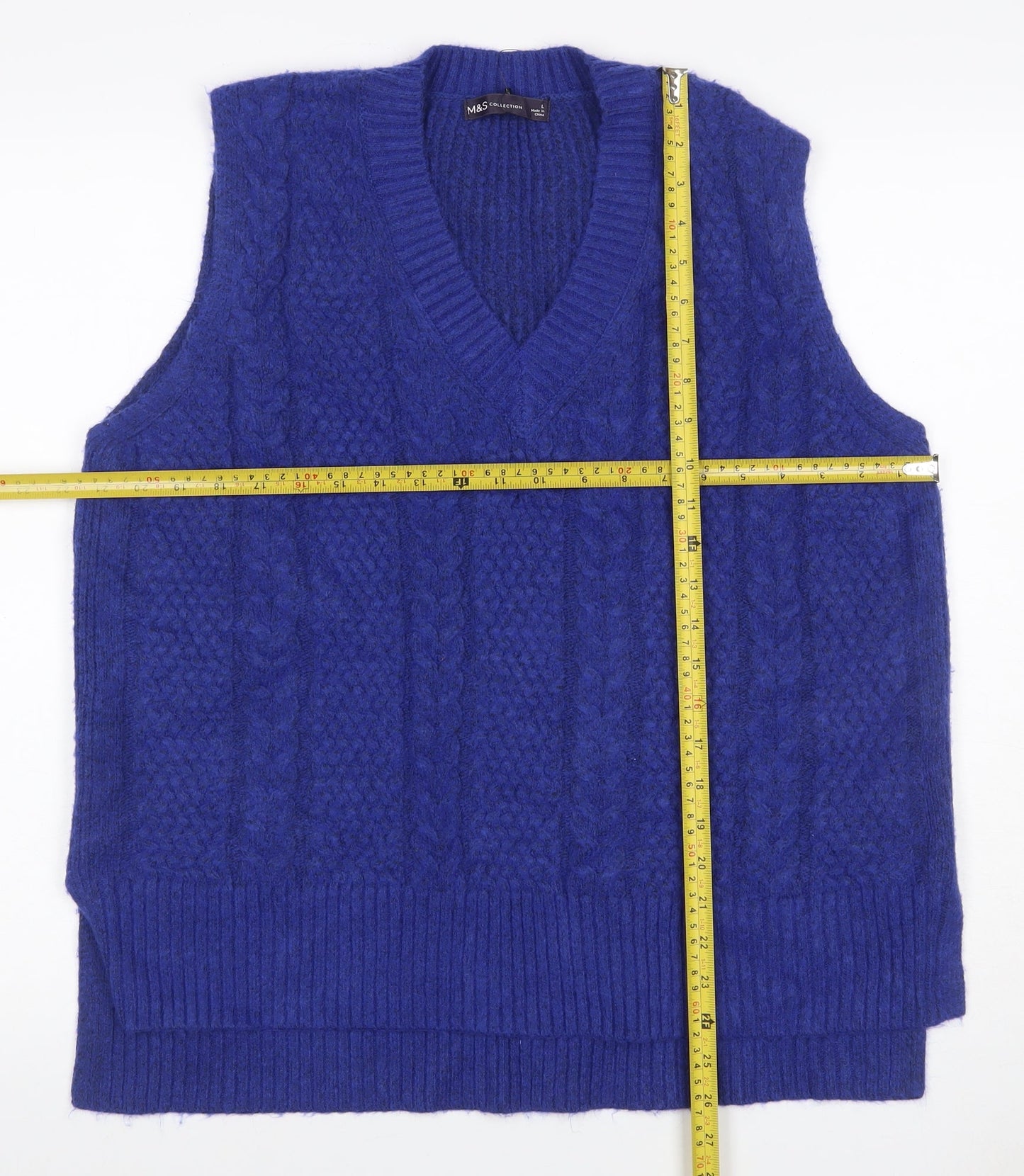 Marks and Spencer Women Blue L Cable Knit V-Neck Sleeveless Jumper Vest