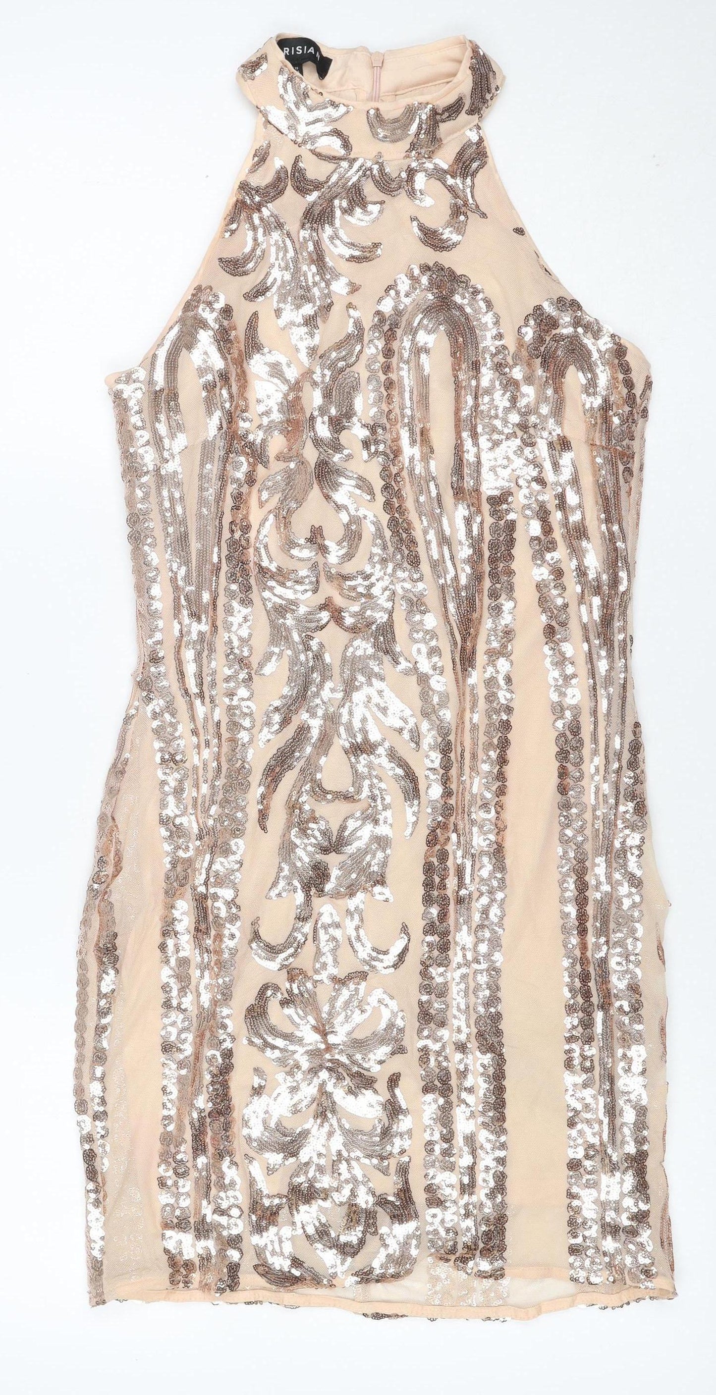 Parisian Women Beige Sequin Floral Bodycon Mini Party Dress UK 10