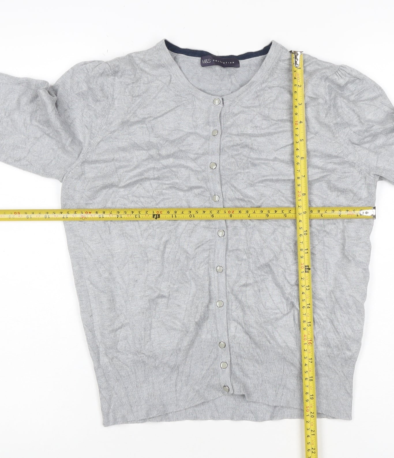 Marks and Spencer Women Grey UK 14 Button Knit Puff Sleeve Cardigan