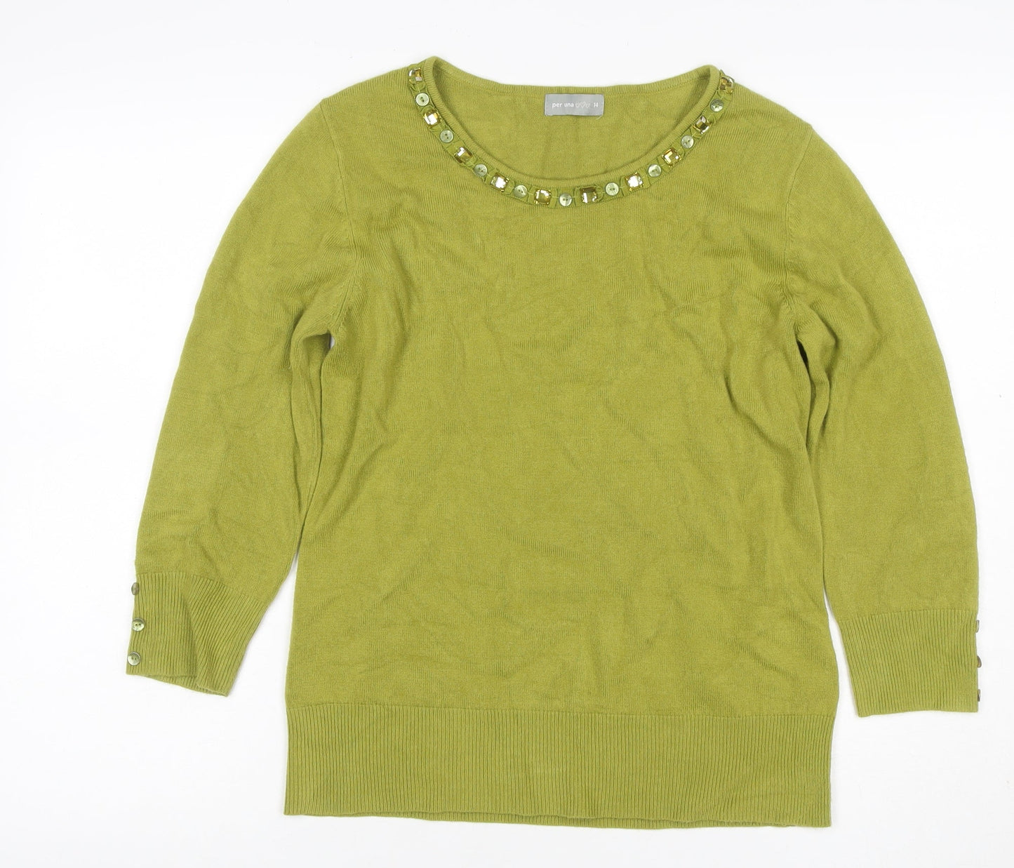Per Una Women Green Size 14 Cotton Jewel Neck 3/4 Sleeve Pullover Jumper