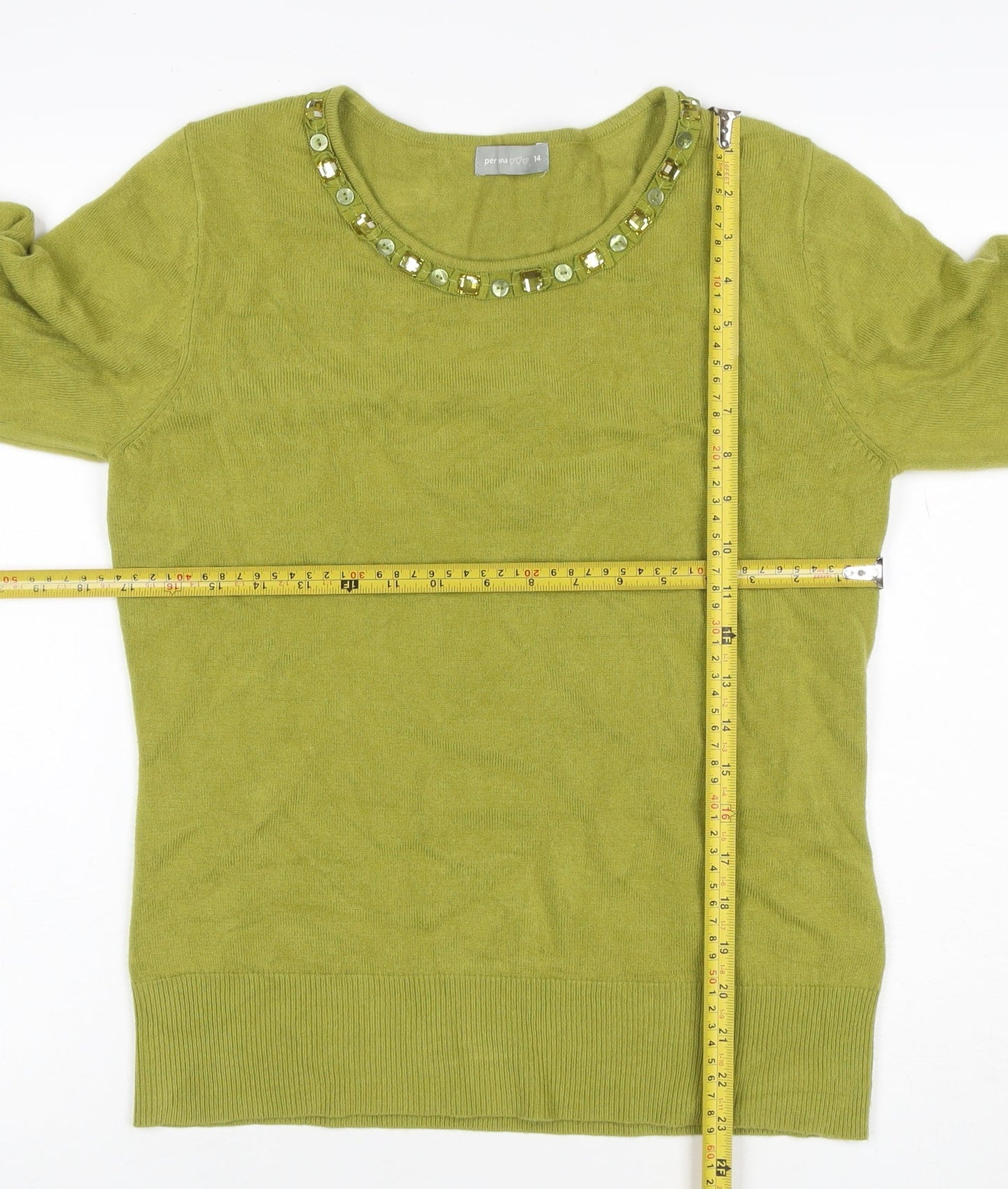 Per Una Women Green Size 14 Cotton Jewel Neck 3/4 Sleeve Pullover Jumper