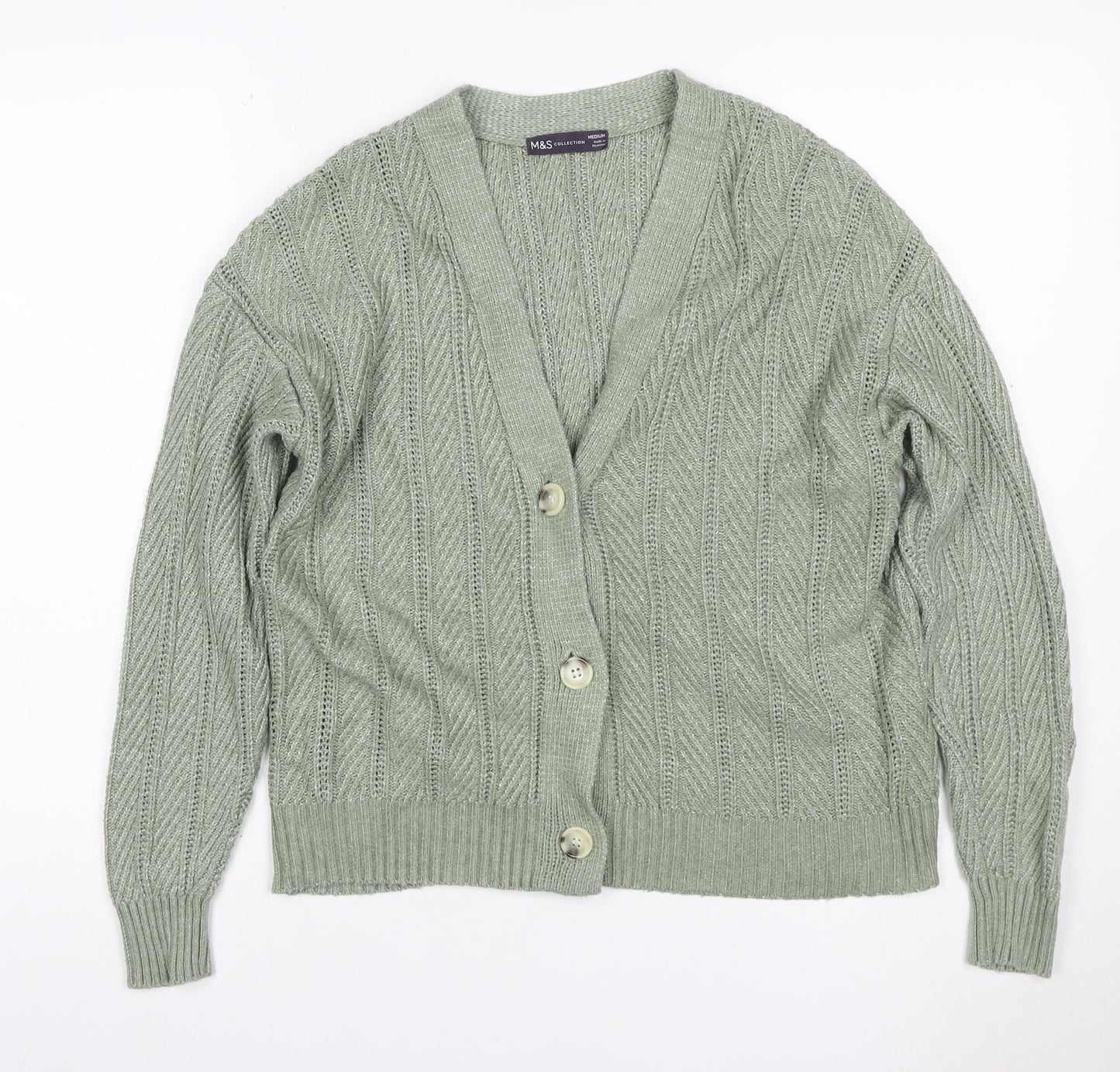 Marks & Spencer Women Green M Cable Knit V-Neck Button Cardigan