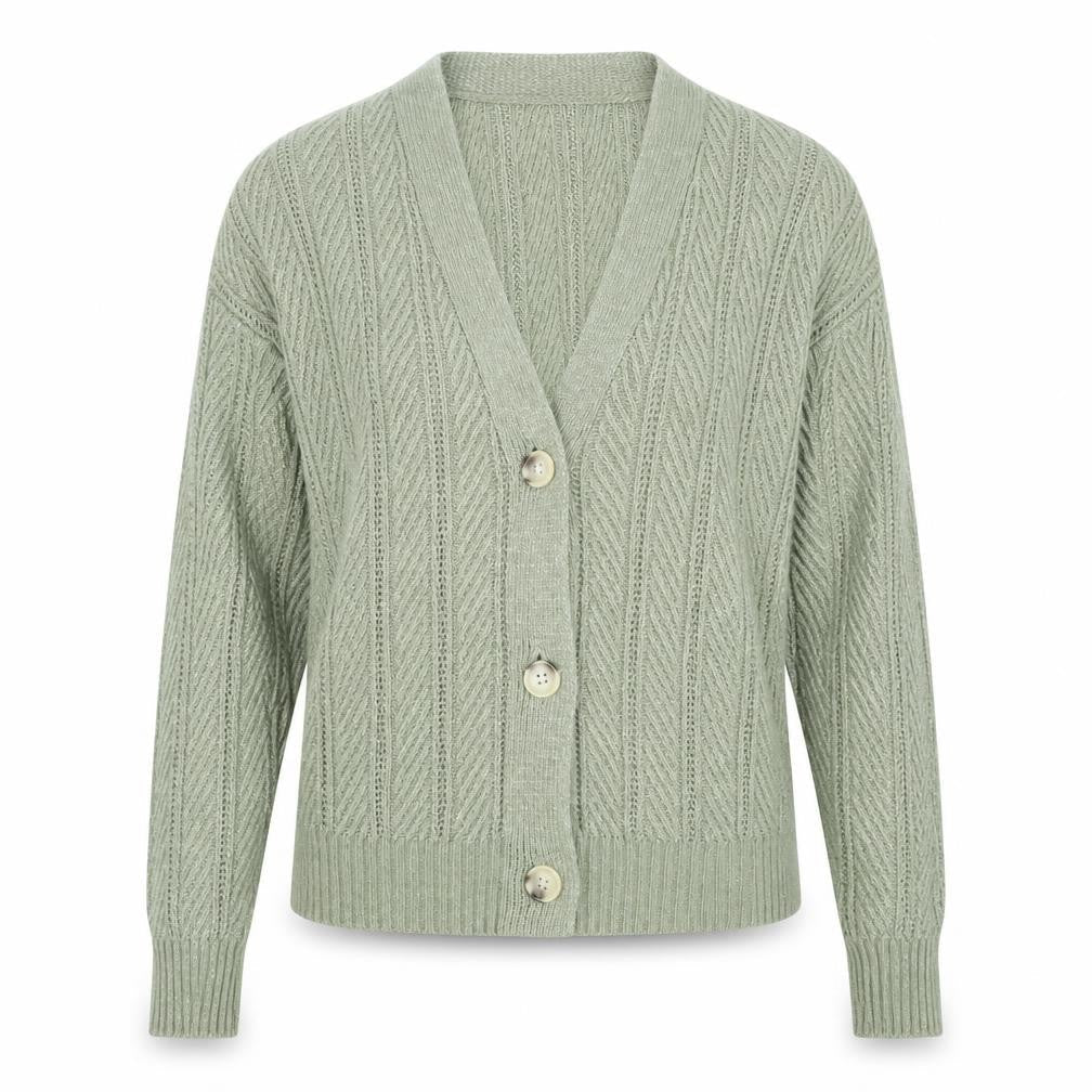 Marks & Spencer Women Green M Cable Knit V-Neck Button Cardigan