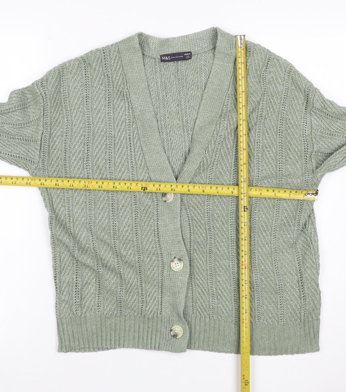 Marks & Spencer Women Green M Cable Knit V-Neck Button Cardigan
