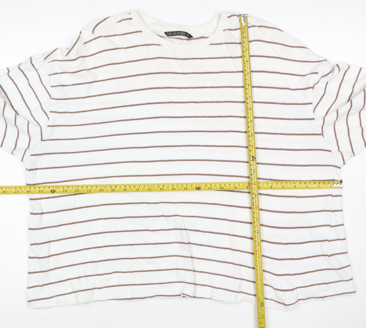 Dunnes Women White Brown Striped Cotton Crew Neck Jumper XL
