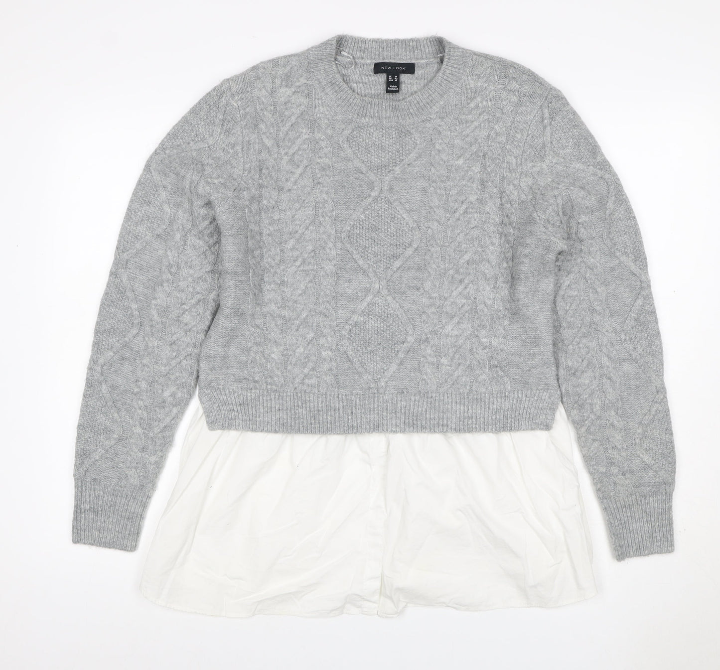 New Look Women Grey White UK 14 Cable Knit Layered Hem Jumper