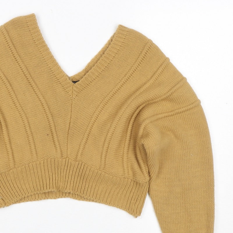 Nasty Gal Women Yellow S Chunky Knit V-Neck Cropped Pullover Jumper