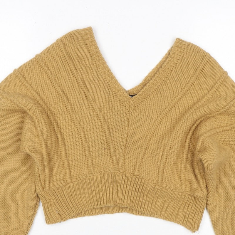 Nasty Gal Women Yellow S Chunky Knit V-Neck Cropped Pullover Jumper