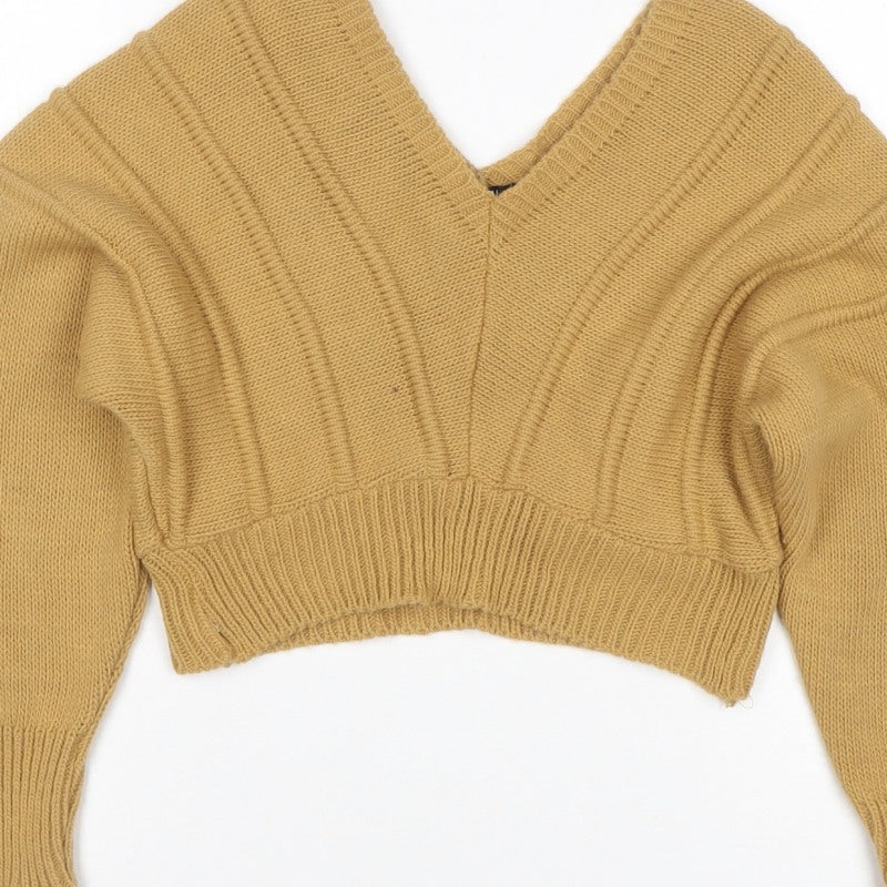Nasty Gal Women Yellow S Chunky Knit V-Neck Cropped Pullover Jumper