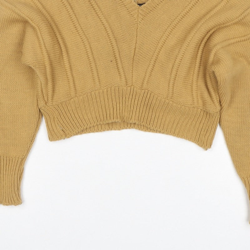 Nasty Gal Women Yellow S Chunky Knit V-Neck Cropped Pullover Jumper