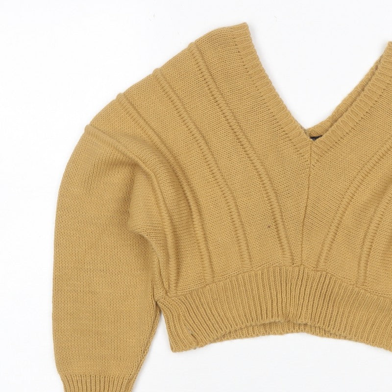Nasty Gal Women Yellow S Chunky Knit V-Neck Cropped Pullover Jumper