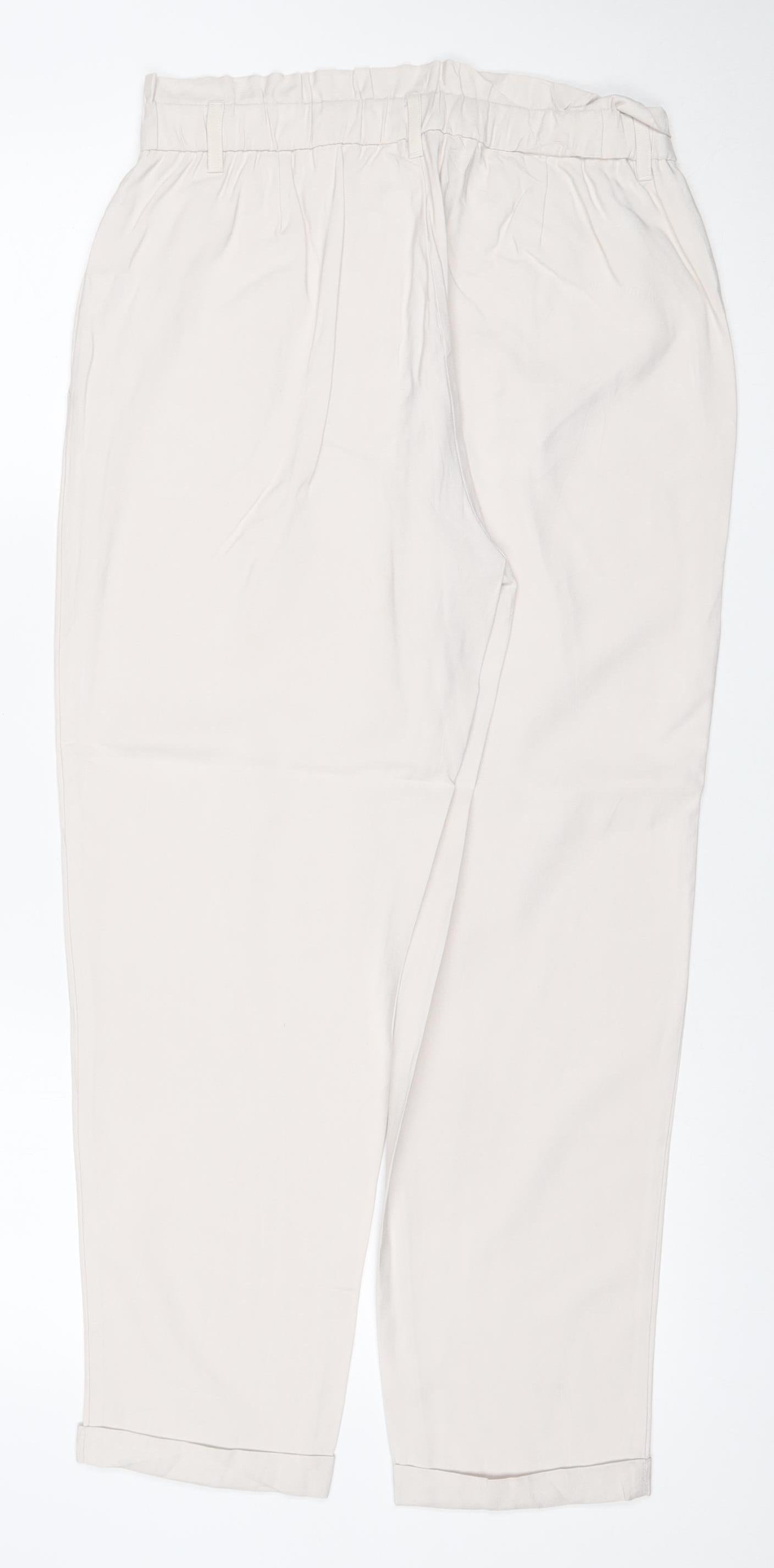 Zara Women Ivory M High Rise Elastic Waist Straight Trousers