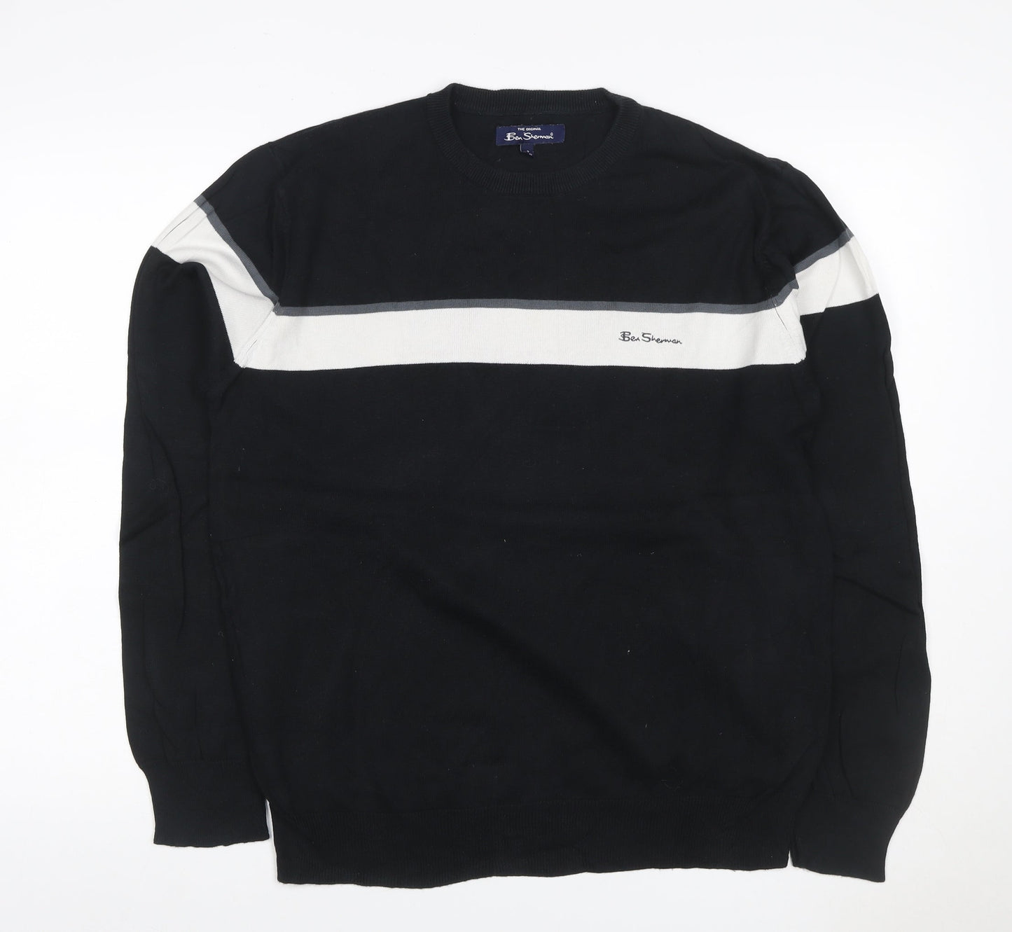 Ben Sherman Men's Black M Cotton Striped Crew Neck Pullover Jumper