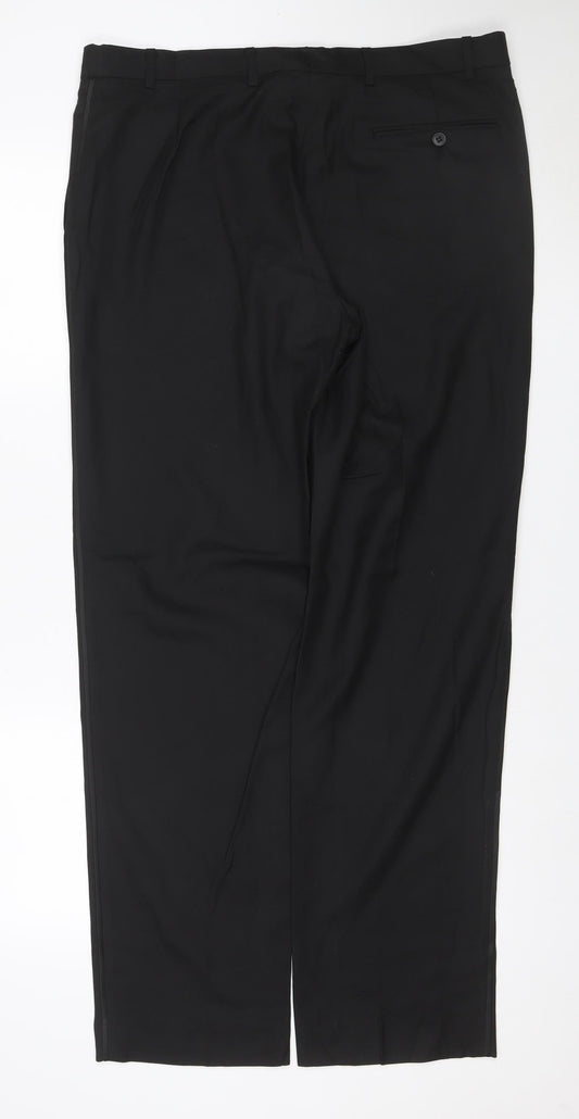 Marks and Spencer Men Black 36 33 Flat Front Straight Dress Trousers