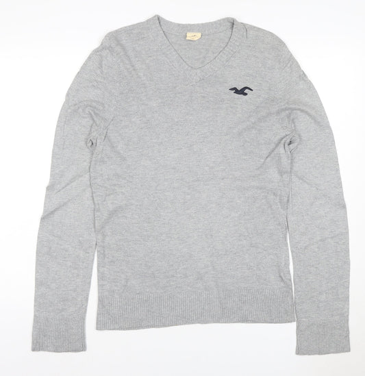 Hollister Men’s Grey V-Neck Logo Knit Pullover Jumper Size L