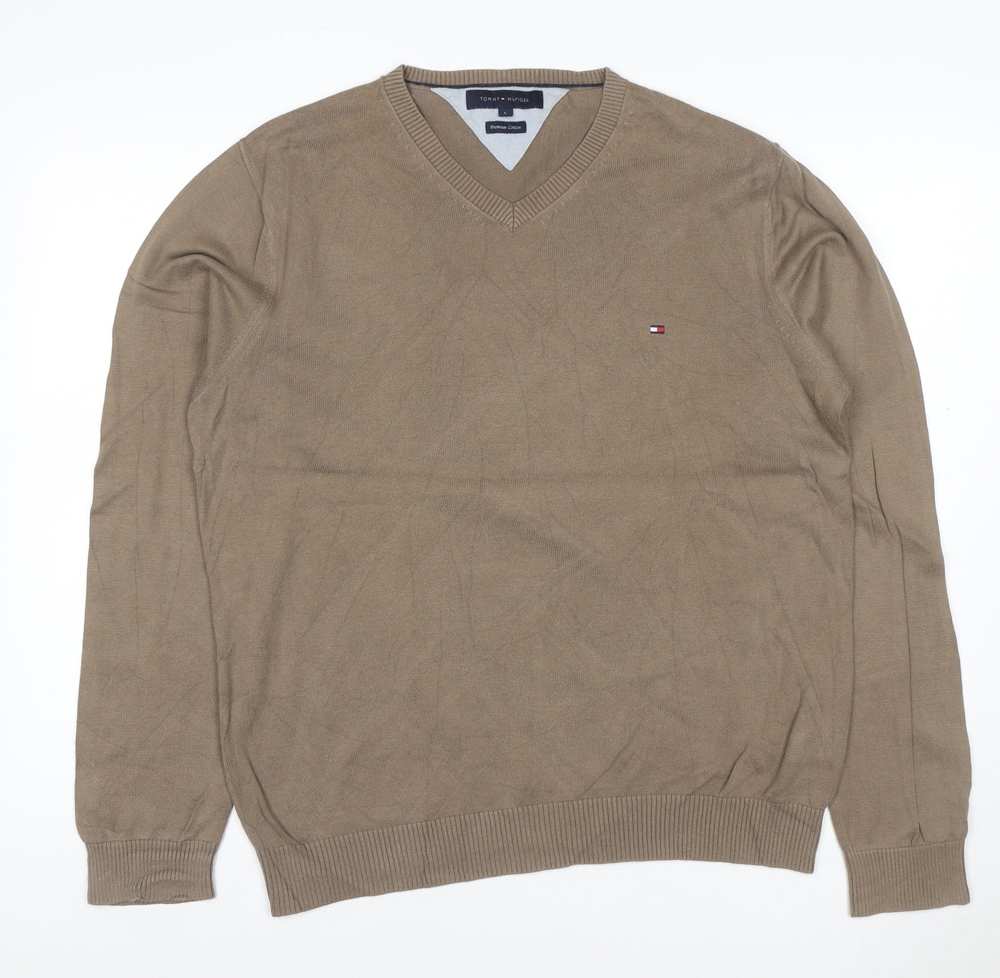 Tommy Hilfiger Men’s Beige L Cotton V-Neck Logo Pullover Jumper