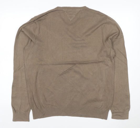 Tommy Hilfiger Men’s Beige L Cotton V-Neck Logo Pullover Jumper