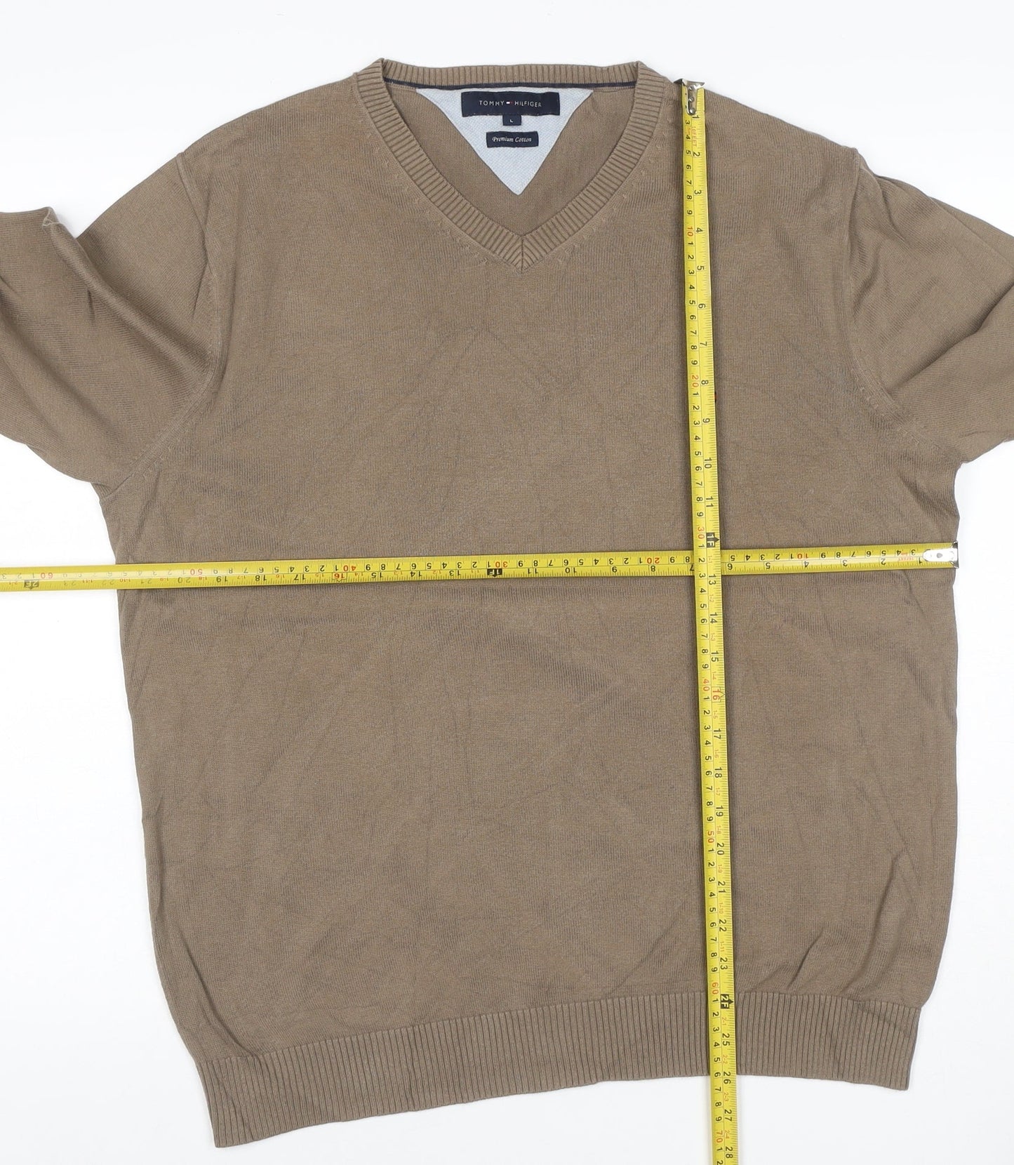 Tommy Hilfiger Men’s Beige L Cotton V-Neck Logo Pullover Jumper