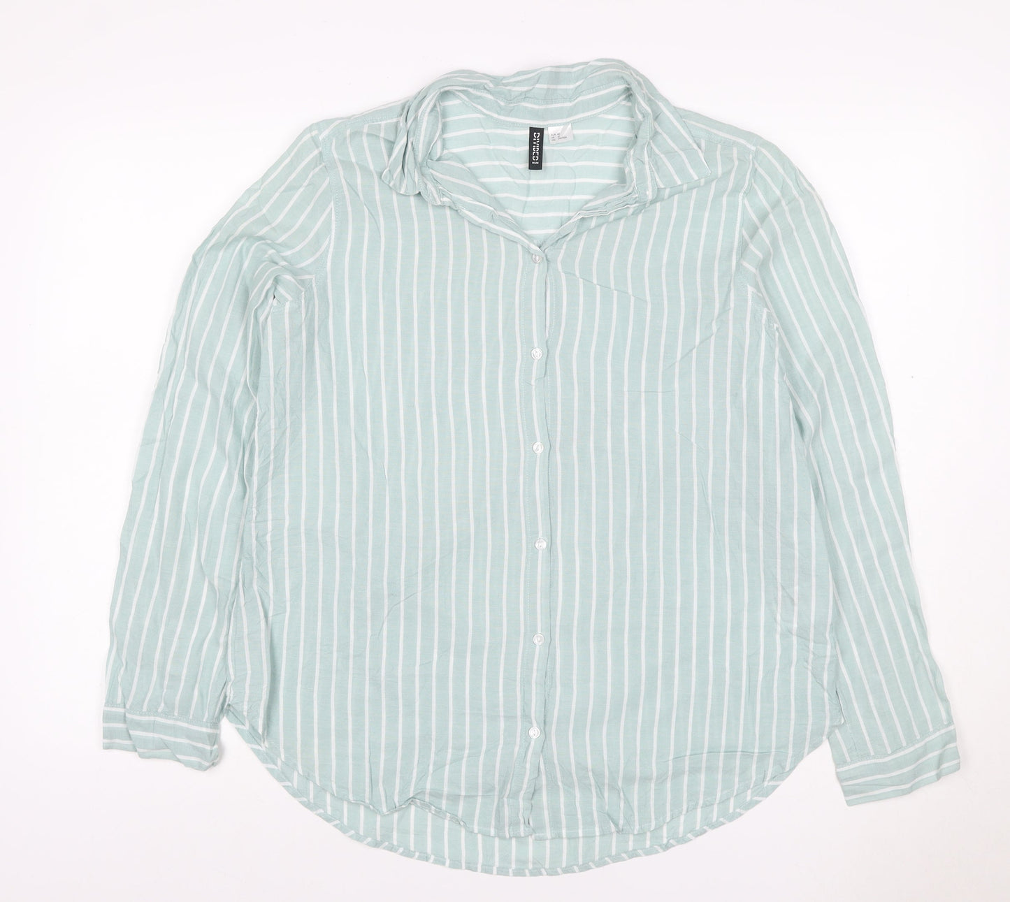 H&M Divided Women Mint Green Stripe Ruffle Basic Button-Up Shirt UK 12