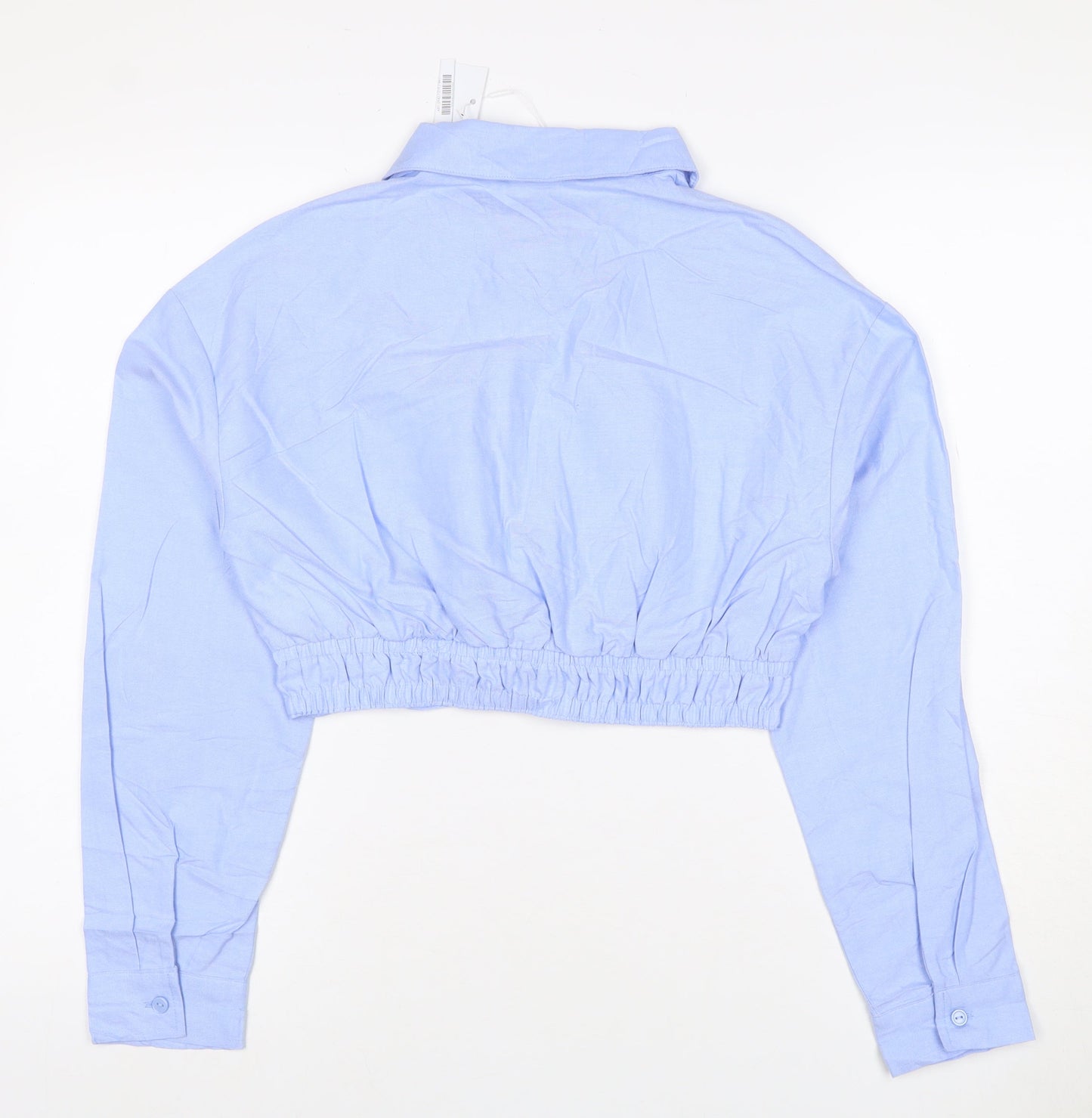 Bershka Women Blue M Cropped Button-Up Long Sleeve Cotton Shirt