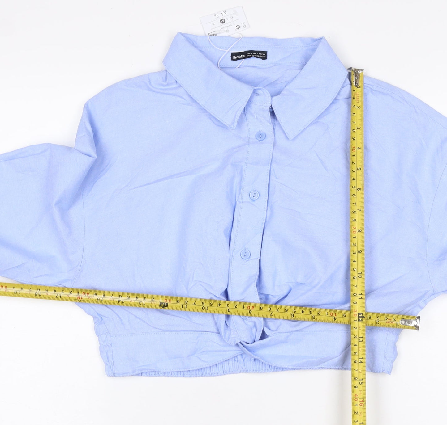 Bershka Women Blue M Cropped Button-Up Long Sleeve Cotton Shirt