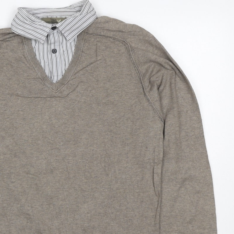 Next Women’s Brown V-Neck Mock Shirt Collar Knit Jumper Size M