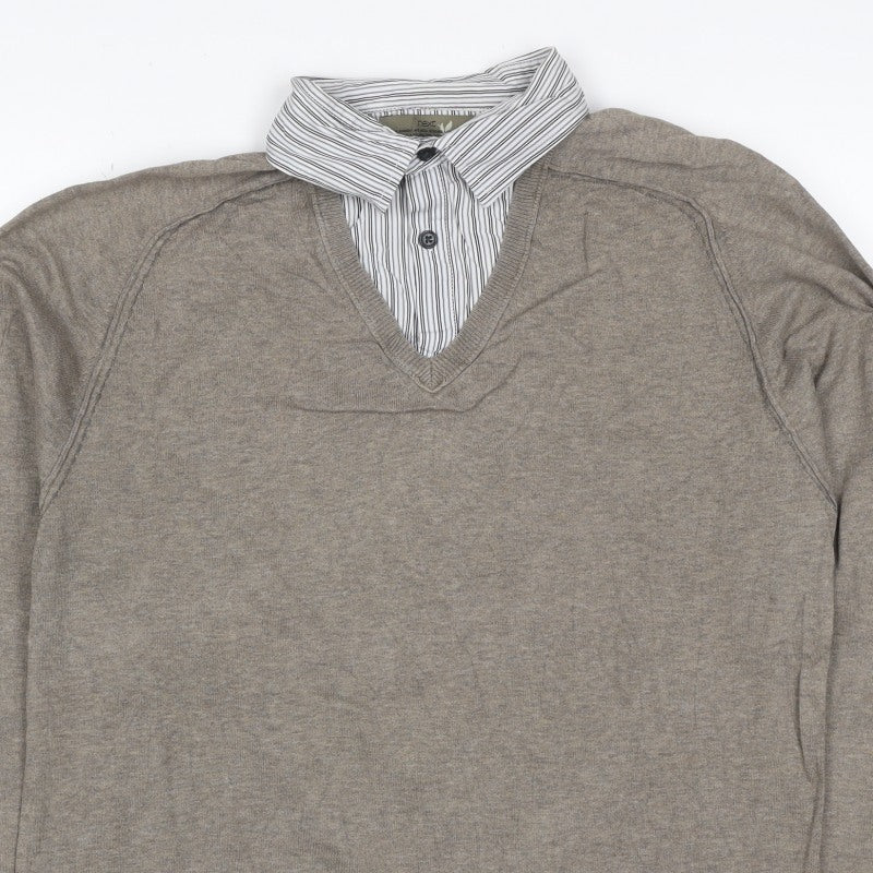 Next Women’s Brown V-Neck Mock Shirt Collar Knit Jumper Size M