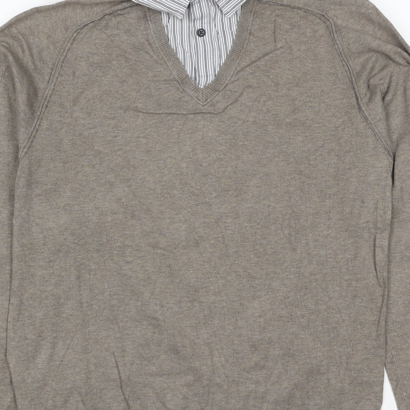 Next Women’s Brown V-Neck Mock Shirt Collar Knit Jumper Size M