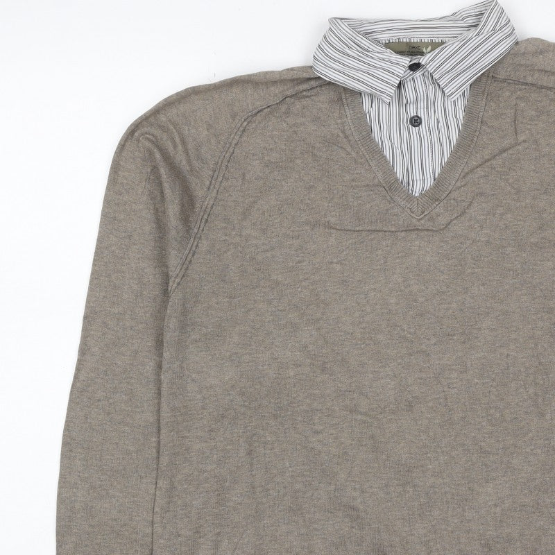 Next Women’s Brown V-Neck Mock Shirt Collar Knit Jumper Size M