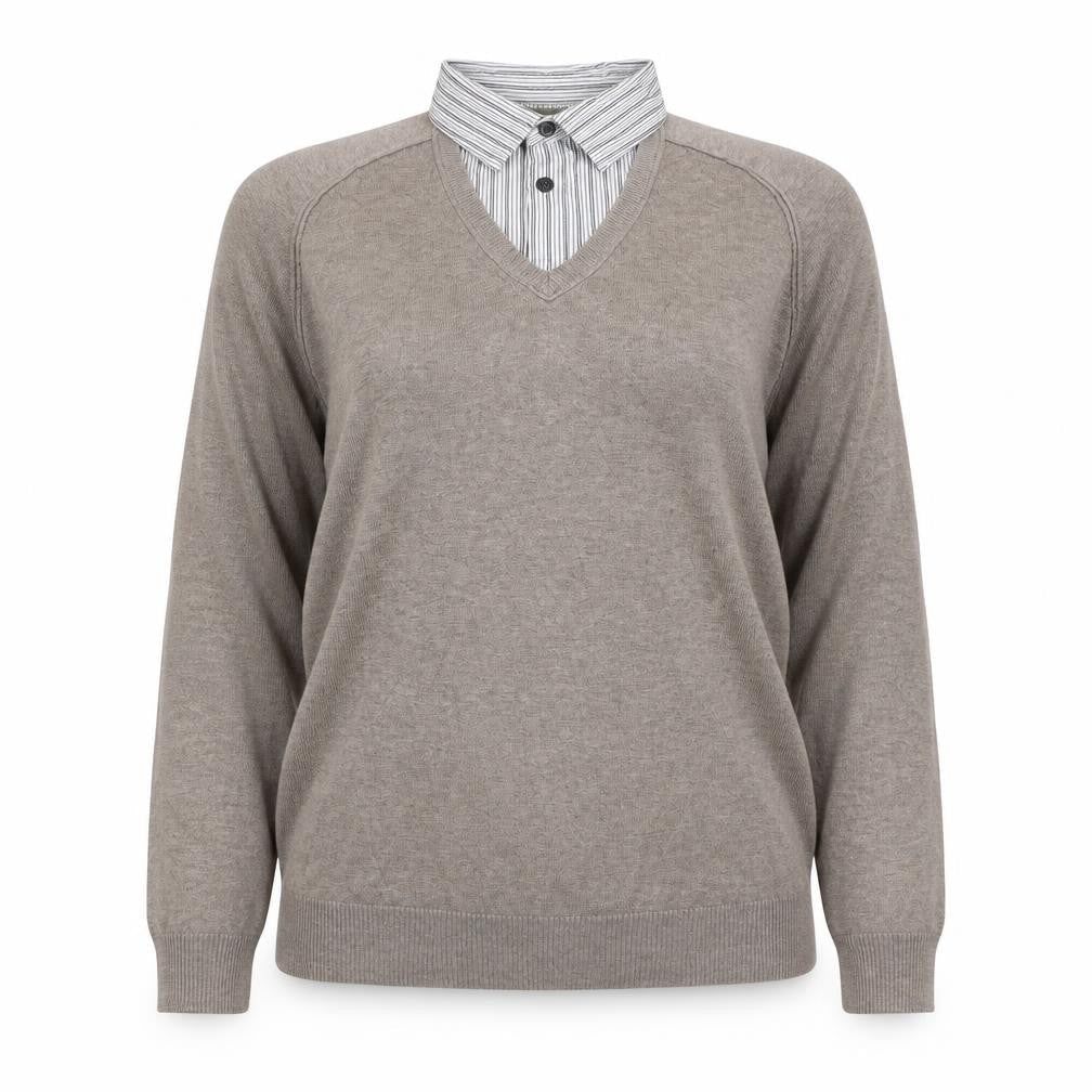 Next Women’s Brown V-Neck Mock Shirt Collar Knit Jumper Size M