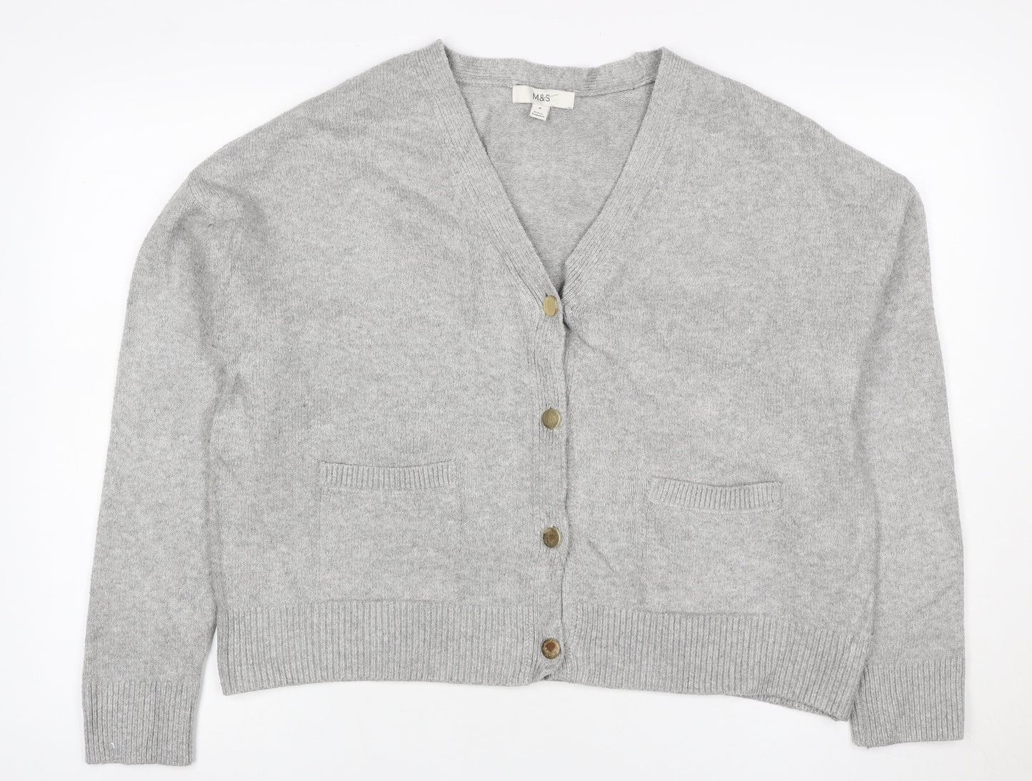 Marks and Spencer Women Grey M V-Neck Button Pocket Knit Cardigan
