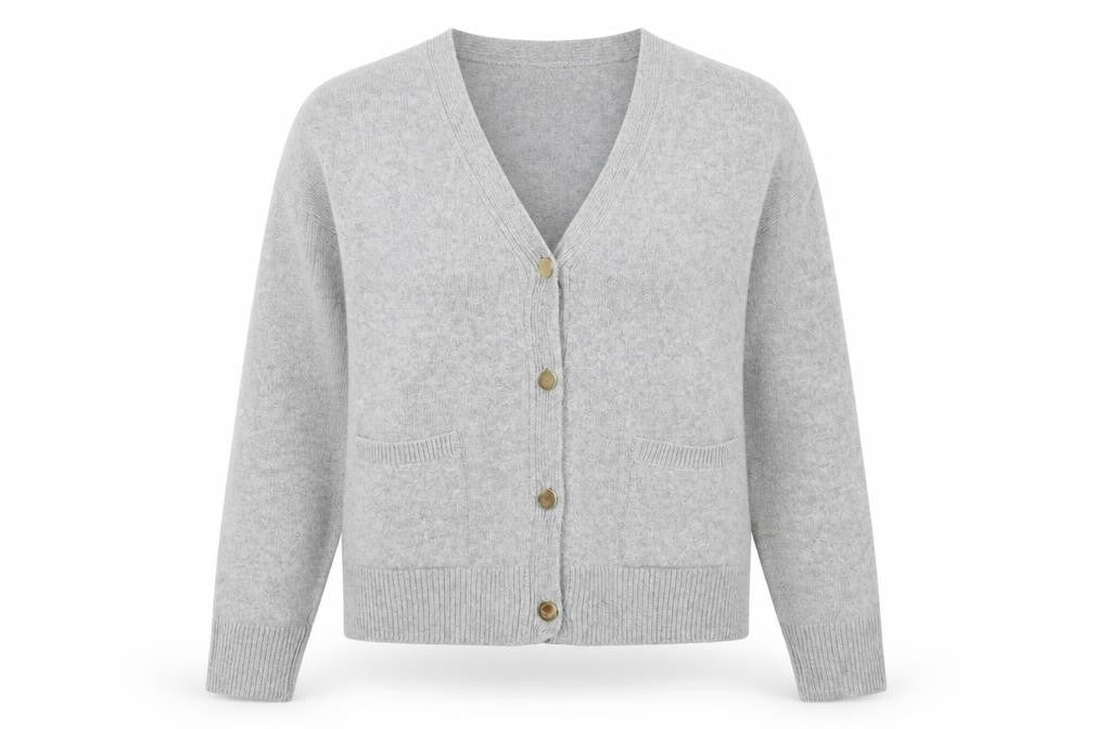 Marks and Spencer Women Grey M V-Neck Button Pocket Knit Cardigan