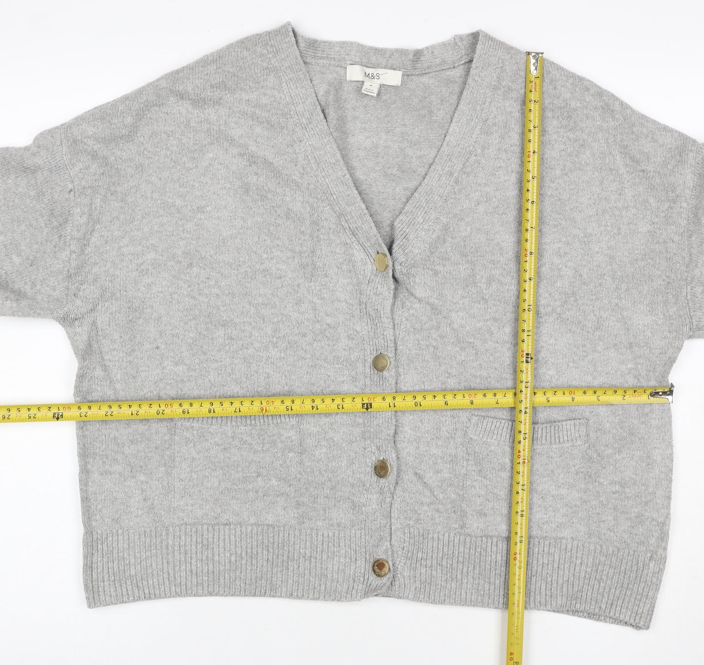 Marks and Spencer Women Grey M V-Neck Button Pocket Knit Cardigan