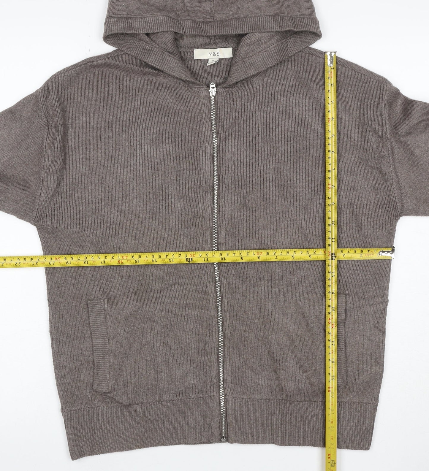 Marks and Spencer Men's Grey M Full Zip Hooded Knit Cotton Blend Hoodie
