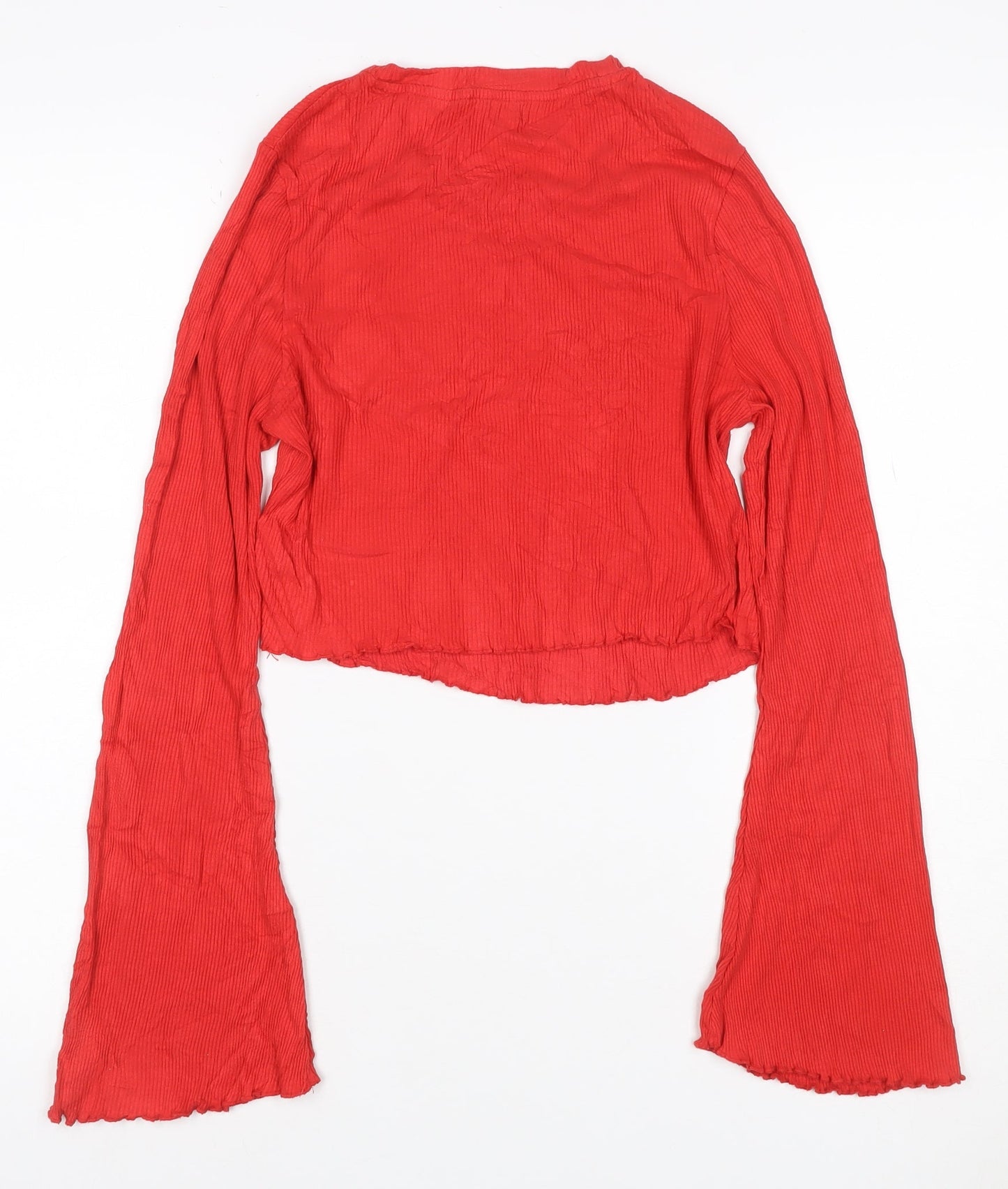 River Island Women Red UK 14 Cropped Ribbed Bell Sleeve Jersey Top