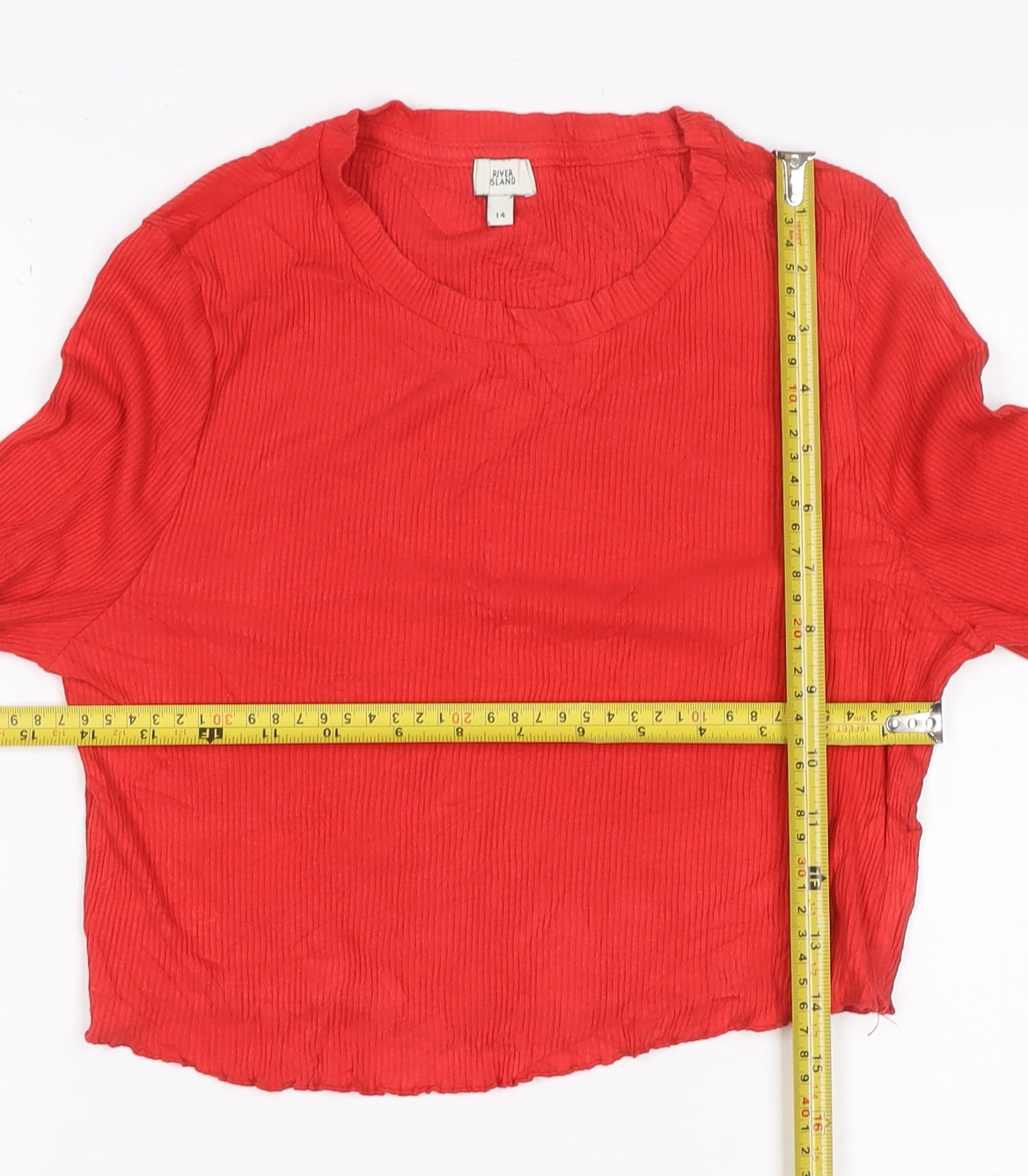 River Island Women Red UK 14 Cropped Ribbed Bell Sleeve Jersey Top
