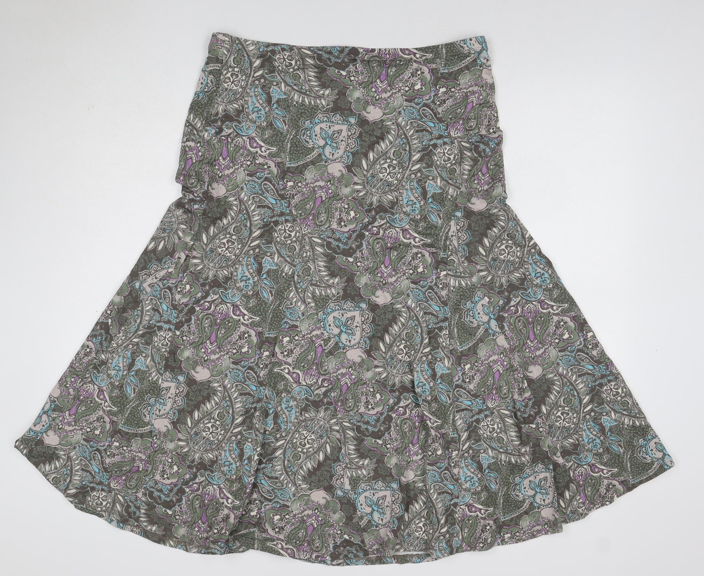 M&S Women Green Paisley Midi Flare Skirt UK 14 Stretch