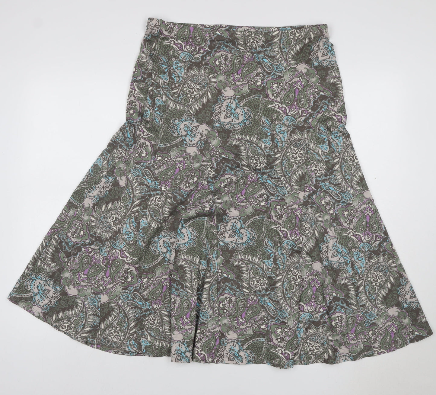 M&S Women Green Paisley Midi Flare Skirt UK 14 Stretch