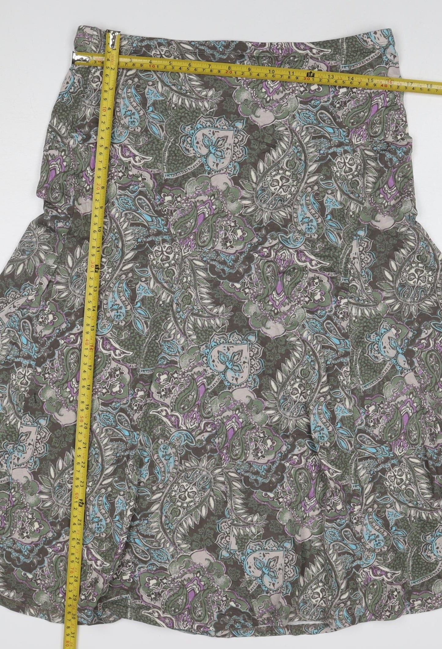 M&S Women Green Paisley Midi Flare Skirt UK 14 Stretch
