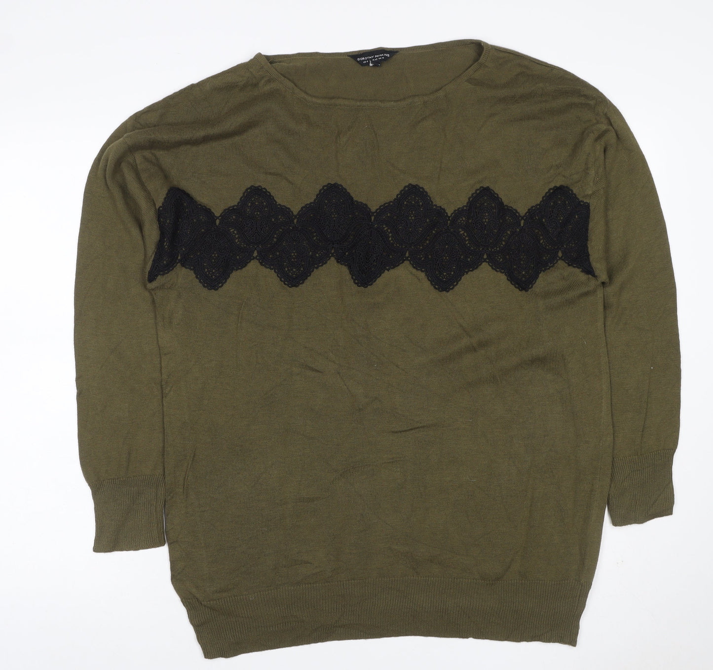 Dorothy Perkins Women Green Lace Trim Cotton Jumper UK 14 Long Sleeve