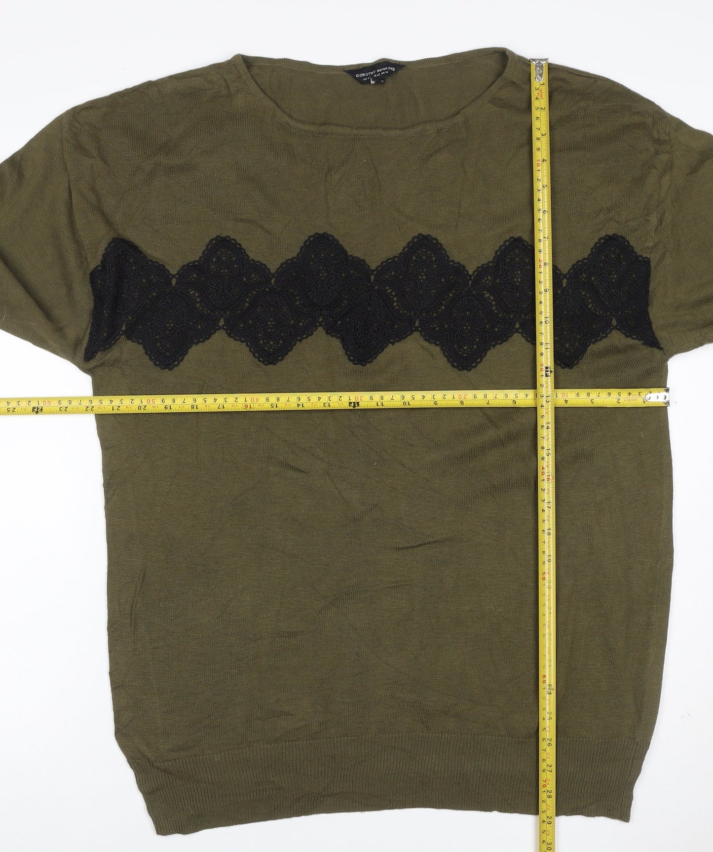 Dorothy Perkins Women Green Lace Trim Cotton Jumper UK 14 Long Sleeve