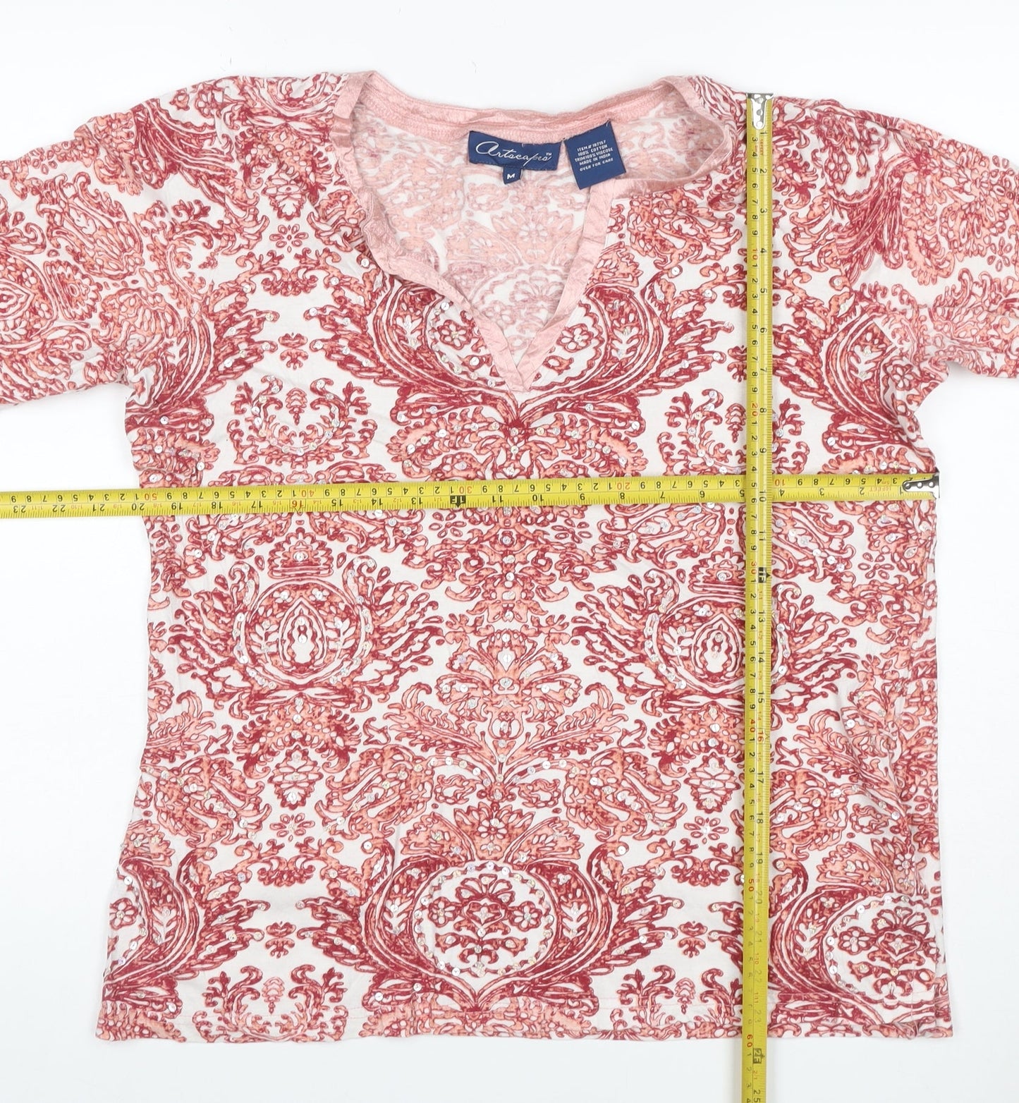Artescape Women Pink M Paisley Sequin V-Neck Cotton Jersey T-Shirt