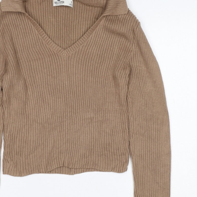 Hollister Women Beige S Rib Knit Collared V-Neck Slim Jumper