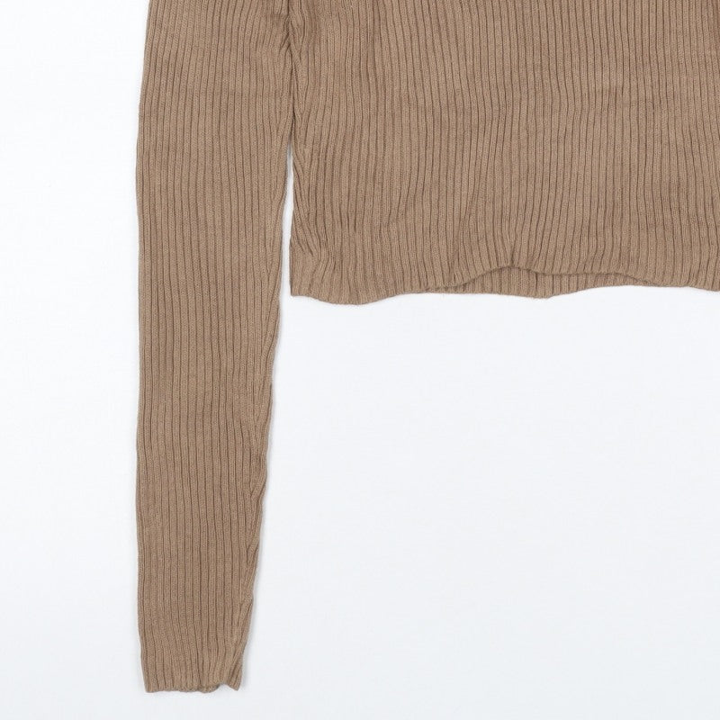 Hollister Women Beige S Rib Knit Collared V-Neck Slim Jumper