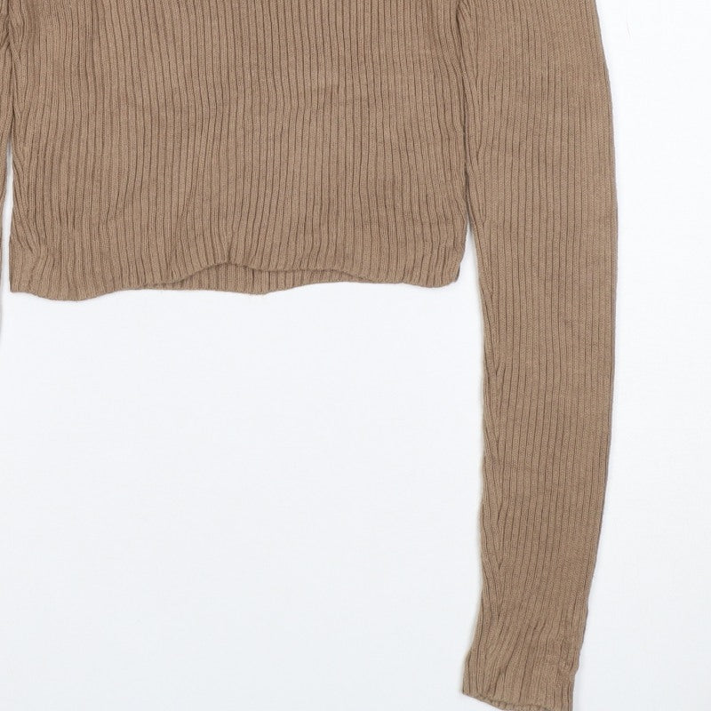 Hollister Women Beige S Rib Knit Collared V-Neck Slim Jumper