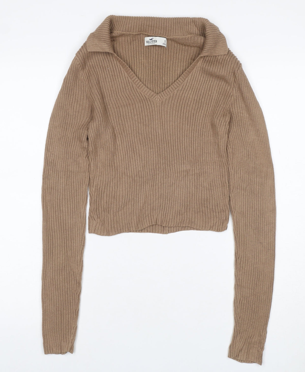 Hollister Women Beige S Rib Knit Collared V-Neck Slim Jumper