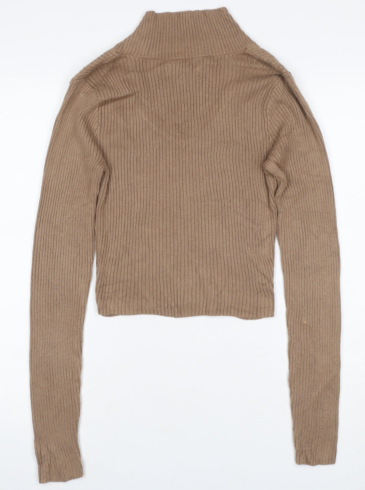 Hollister Women Beige S Rib Knit Collared V-Neck Slim Jumper